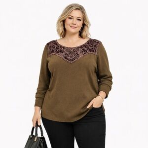 Kenneth Miller Knit Top Olive Crochet Lace Neck XL